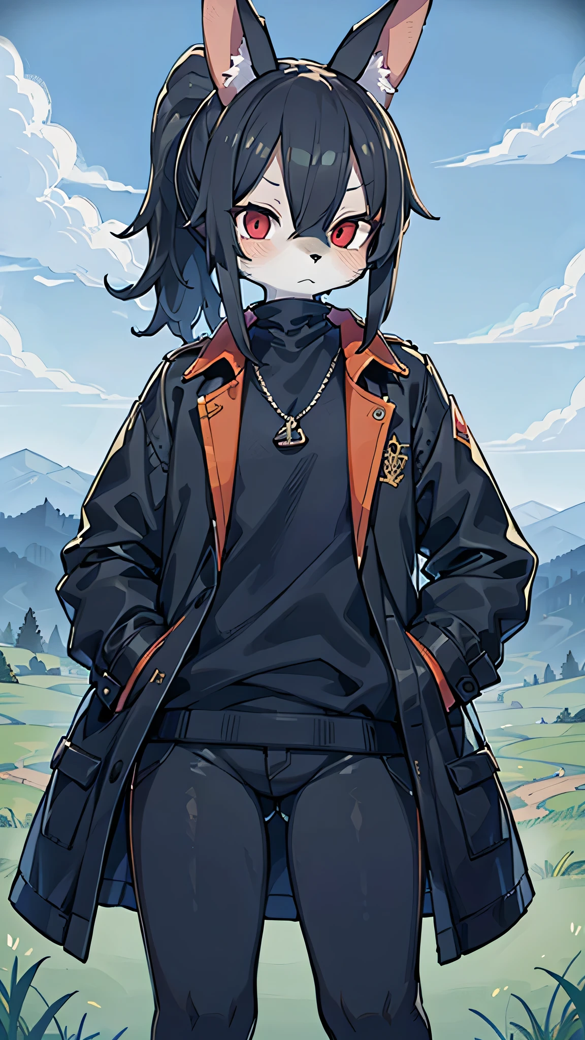 (masterpiece, highest quality))), Intricate details, 8k, Black rabbit ears, One Man, Slender figure, anime, Tall, Black Hair, Black coat, Black trousers, furry, red eyes, ponytail, grassland, Expressionless, Black clothes, Hands in pockets, middle