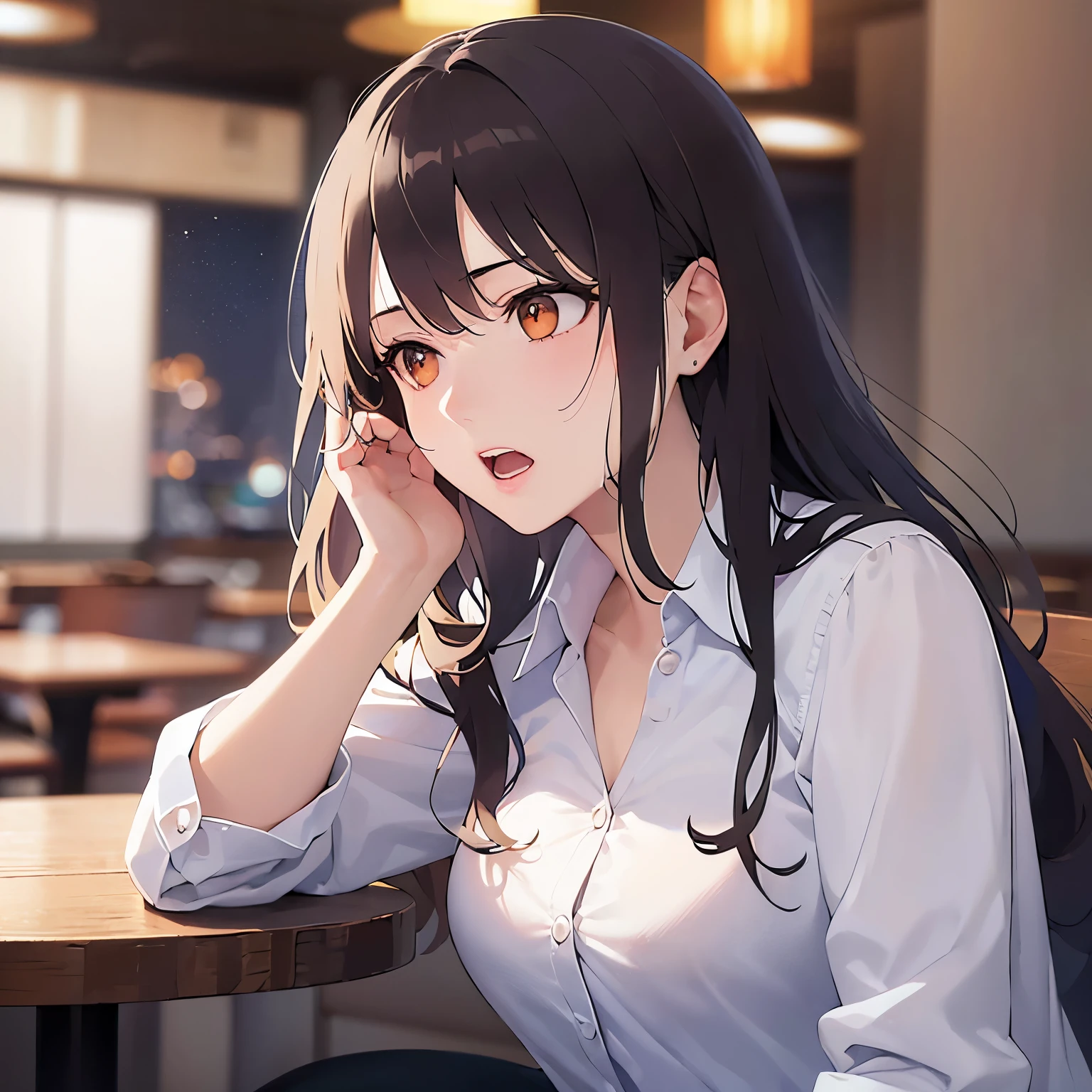 (looking away:1.5), Upper Body, Realistic, real person, (pale skin: 1.2), RAW photo, photorealistic, portrait photography, shiny skin, shiny hair、(A 25-year-old woman with medium-length hair and bangs) and (wavy hair) and (brown hair) and (orange eyes) , (business suit) and (White shirt) 、surprised, open mouth, The background is the interior of a restaurant at night.、Alone、Sitting