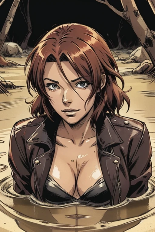 An anime woman head with colored hair, completely drowned in quicksand:1.4, [leather jacket]