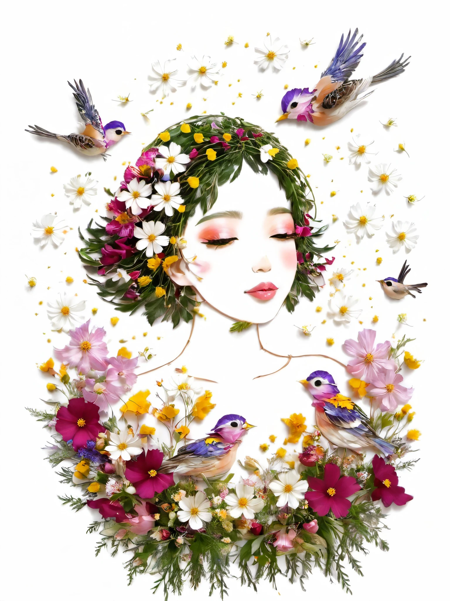 Fall Leaf Crafts, A girl made of flowers and birds, Cosmos flower、Small Birds、 Portraiture, White background、