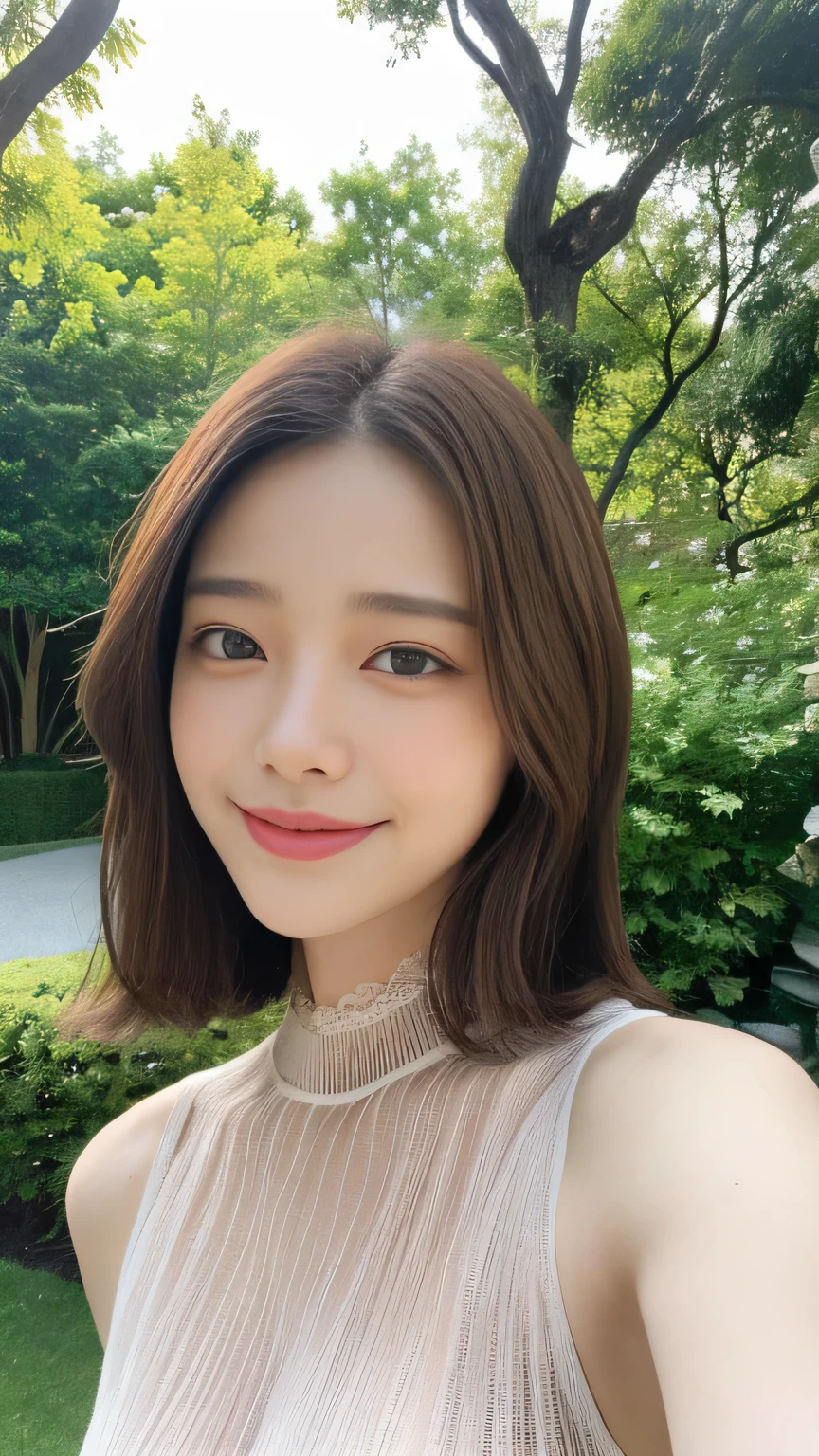 ((highest quality, 8K, masterpiece:1.3)), concentrated:1.2, Perfect body beauty:1.4, Hips:1.2, ((Delicate Hair)), (Colorful lettuce cut mock neck see-through top without bra、 :1.1) , ((highest quality、8K、masterpiece:1.3))、1 Girl、A sloppy smile、Esbian all over、Slim face、Big 、Beautiful woman、(Dark Brown Hair)、、1.1、Flickering Valley、Detailed eyes、double eyelid、Blurred Background、超Slim face、Looking down、garden、