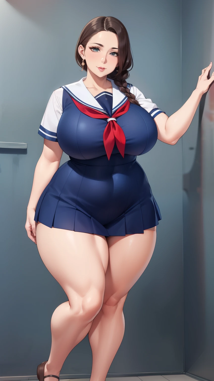 Large Breasts, Big Hips,Full Body Shot, Mature mother, Whipping the lower body, plump thighs, Ample calves, Seductive mature woman, Perfect body, Plus Size Model,high school girl,Sailor suit, The skirt is short,Mature woman wearing Sailor suit,