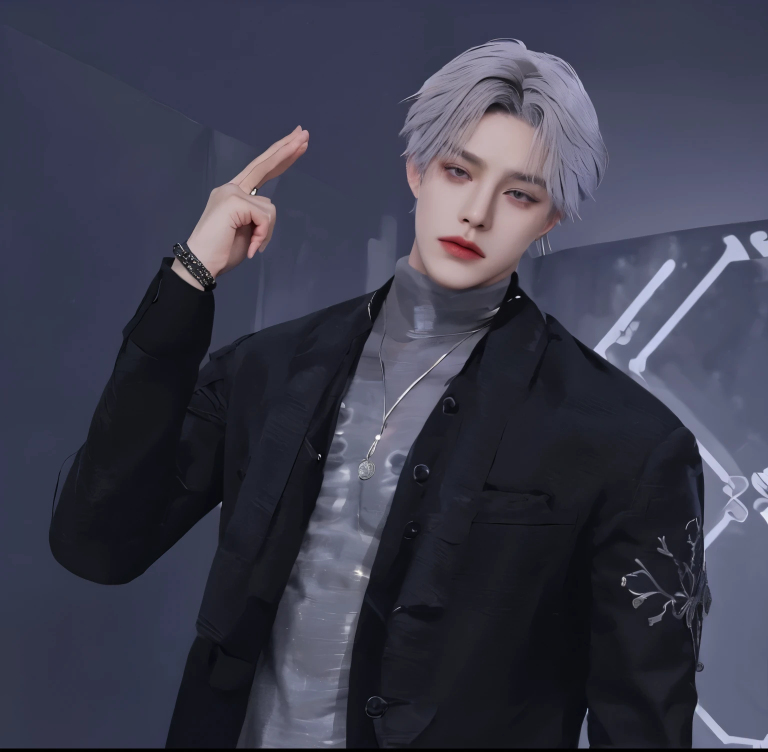 masterpiece, best perfection quality, ultra_detailed, (higher describe accuracy), 1 korean male, 30-ish, (wide shoulder), (muscular), male focus, solo, attractively hot handsome, super detailed white hair, (((gray galaxy eyes color))), super detailed white skinned, upper body, looking at viewer, gray t-shirt, black jacket, super detailed perfection clothes, monocle, jewelry, expressionless face, enigmatic stare, (necklace), (((gray photo studio background))), photography of a cool man, super detailed accuracy, perfect body, perfect shapes, realistic potrait, award winning photography, 8k.