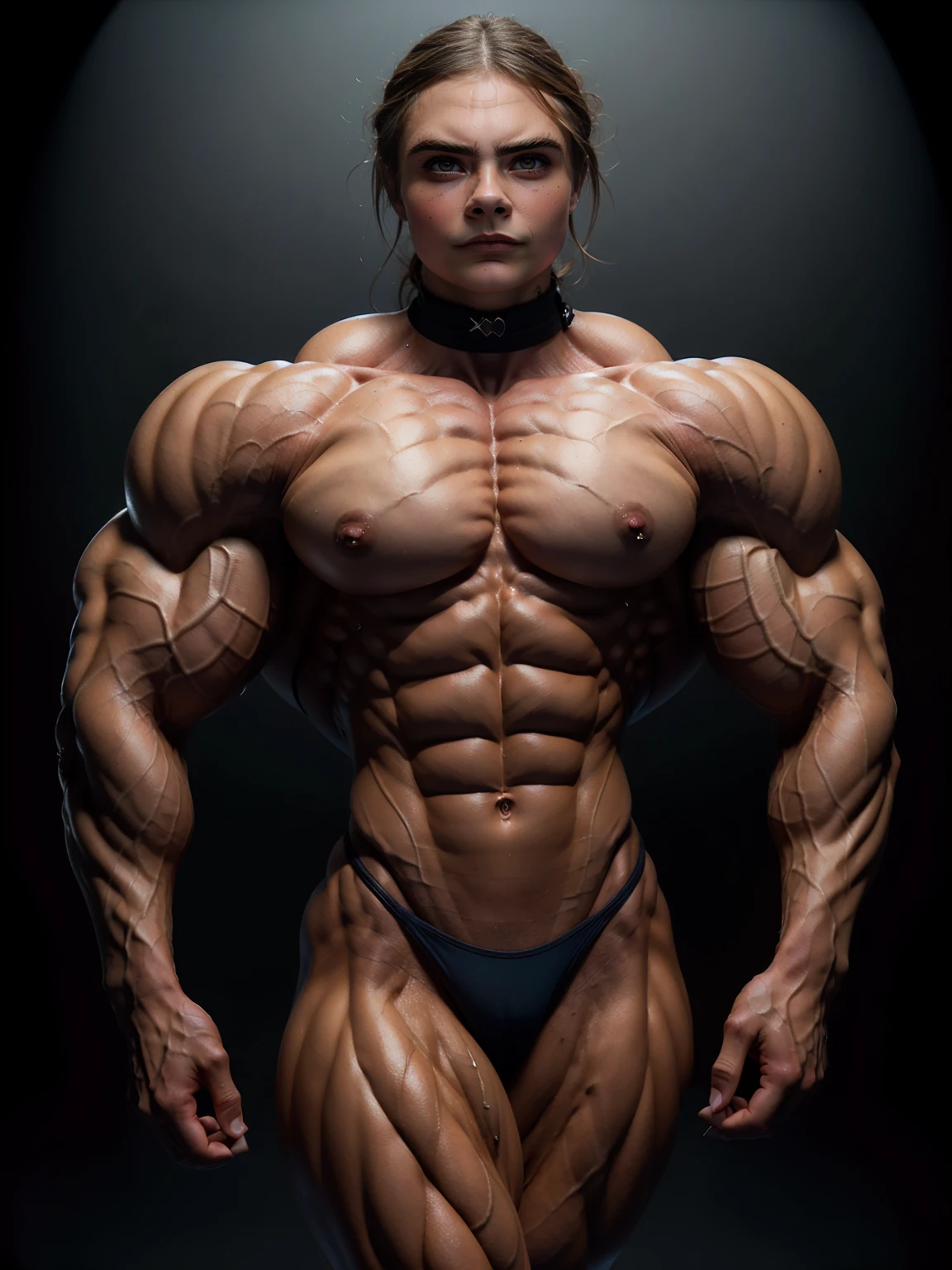(1 girl), (cara delevingne:1.25), ((wide shoulders:1.25)), (a naked Bodybuilder woman with oiled muscular physique:1.25), (ten pack abs:1.5), (full body view:1.25), ((large muscular veiny pecs:1.25)), choker, (sculpted muscles:1.25), detailed eyes, (muscular body:1.25), (looking at viewer), (smile:1.25), (blank dark background:1.5), in the art style of peter mohrbacher
