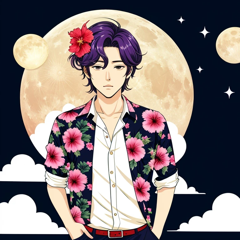 Wolf,Moon from the clouds,Handsome,Dandy,Tropical Shirt,hibiscus,Anpanman,Anime Style,ear