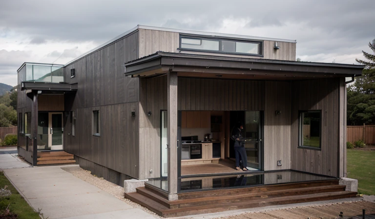 house exterior contemporary style, modernism, glass doors and windows,black metal rail, conwood ceilling, masterpiece, highquality, realistic photo, canon eos 5D mark, natural light, 