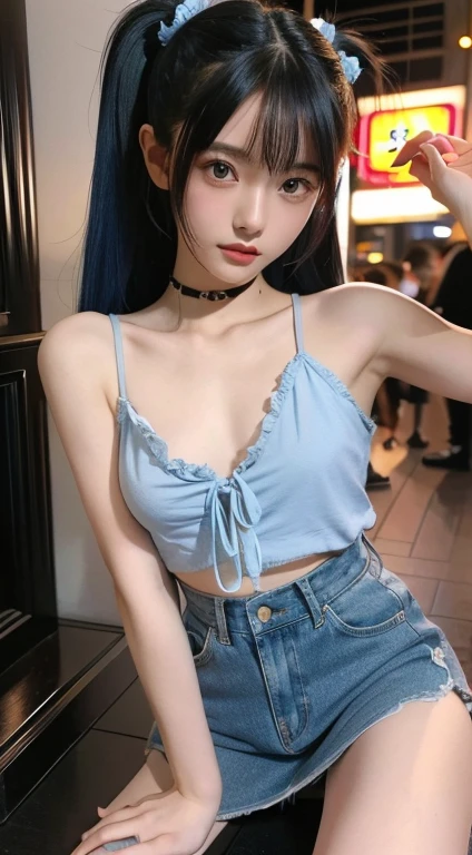 highest quality、masterpiece、Ultra-high resolution、highest qualityの写真,、Clear images、Very cute Japan woman、18-year-old、Always wear your glasses、Beautiful Blue Hair, Twin tails, Small breasts、Very small breasts, Beautiful Skin、Detailed beautiful 目、Beautiful Skin、Punkish girl, Rose Tattoo, The background is the busy Shibuya area at night.