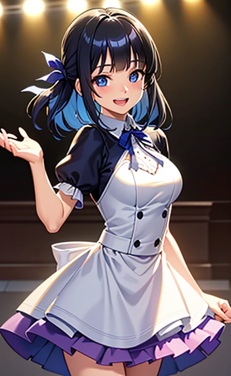 (masterpiece:1.4、top-quality、illustration:1.4,realistic、)、(character focus、breast focus,cowboy shot:1.3)、(1girl),(Open mouth happy smile:1.3),(half closed eyes),cute face,blue eyes、()、
,(stand:1.4),(Shining smile),
,(slender),(idol clothes:1.3),(black middle hair:1.6,blunt bangs,),(hair ribbon1.3), (medium breasts:1.3)、stage
、slender、