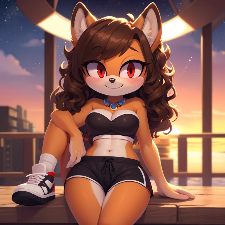 mobian, hedgehog, two-tone fur ((orange fur, brown fur)), pyjama elastic shorts, strapless crop top, cleavage, high-top sneakers, two-tone hair (brown hair, black tip)), curly hair, halo, sunglasses, jewelry, red eyes, longeyelashes, red eyes, smile, shy, blush, high detail, masterpiece, UHD, anatomically correct, super detail, highres, 4K