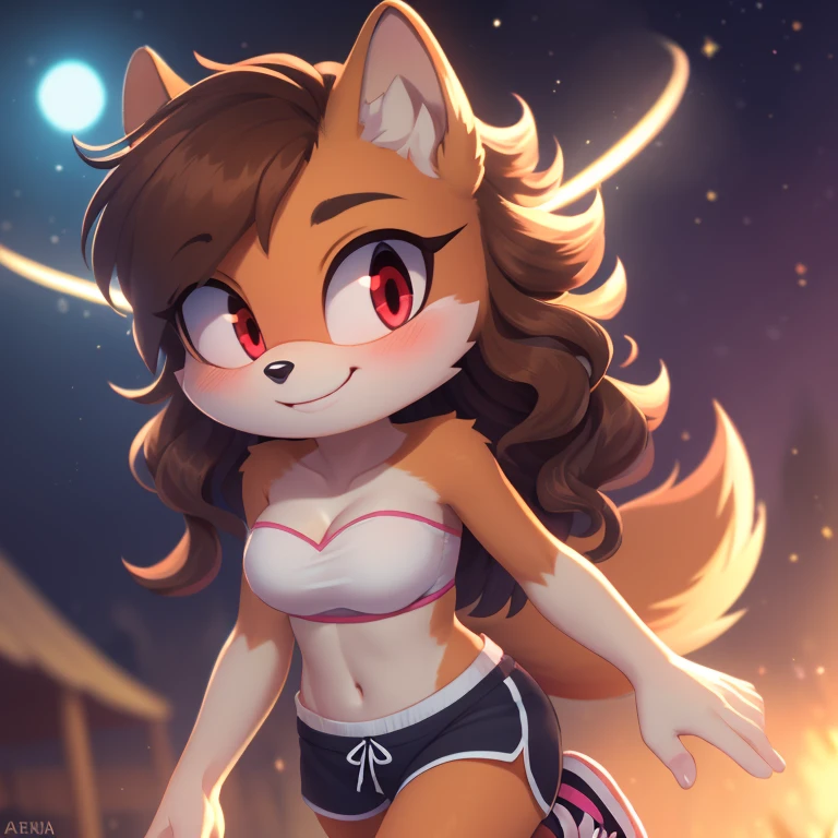 mobian, hedgehog, two-tone fur ((orange fur, brown fur)), pyjama elastic shorts, strapless crop top, cleavage, high-top sneakers, two-tone hair (brown hair, black tip)), curly hair, halo, sunglasses, jewelry, red eyes, longeyelashes, red eyes, smile, shy, blush, high detail, masterpiece, UHD, anatomically correct, super detail, highres, 4K