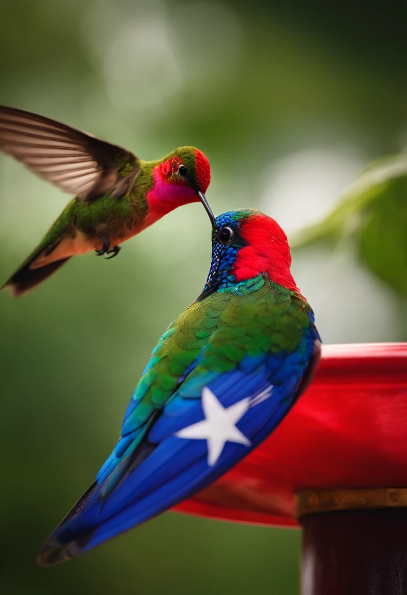 The Panamanian flag in the background with some papos above and hummingbirds around