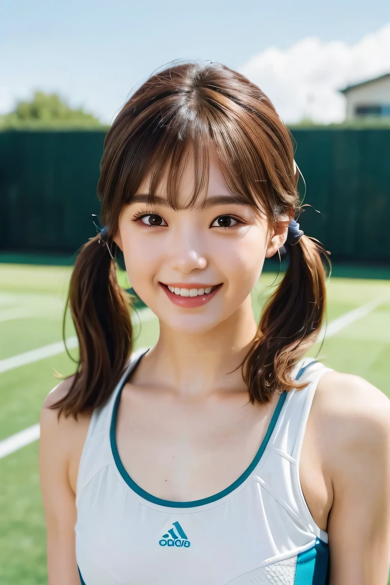 (photo from the waist up, the abdmen is visible), Arms at sides, (Masterpiece, Best quality, Beautiful quality), (Extremely detailed skin,Extremely detailed eyes, Extremely detailed hair,Blunt bangs,Brown hair,twin tails,view the viewer, Best quality,Beautiful and aesthetic,,silver sports bra,Sportswear,,,School gymnasium,full bodyesbian,Depth of field, happy cute smile, (do not emphasize the top of the bust), the body is directed in the direction of the viewer,