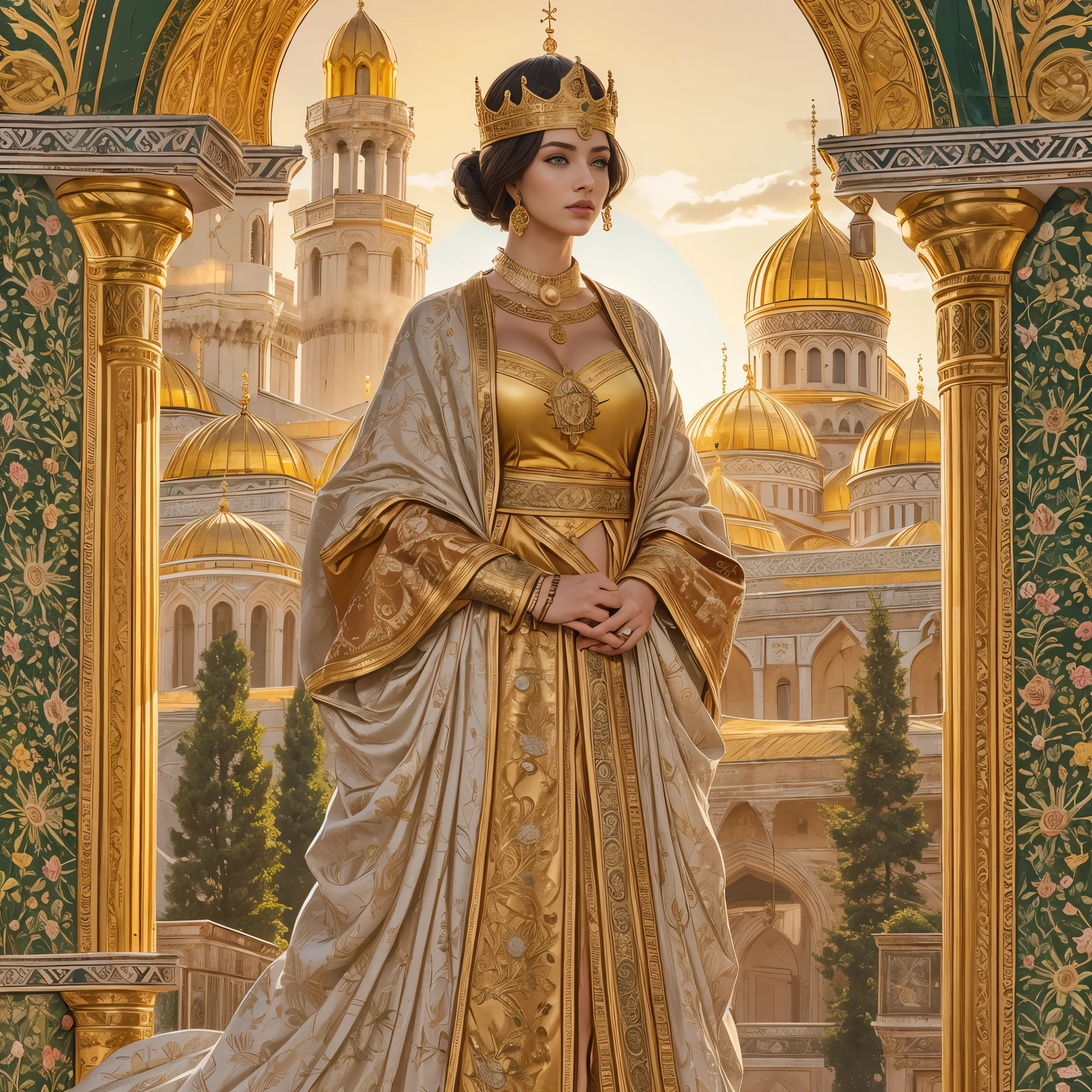 In the soft glow of dawn, Theodora, at 28, stands poised within the grandeur of the Byzantine Emperor's palace in Constantinople. Her eyes, alight with ambition, reflect the golden hues that streak the morning sky. Behind her, the majestic Saint Sophia cathedral looms, its silhouette bathed in the early light, a symbol of her rise from courtesan to empress. Around her, the palace gardens unfurl in verdant splendor, mirroring her own blossoming influence at the side of Emperor Justinian. Her journey—a tapestry of cunning and charm—is as intricate as the mosaics adorning the opulent halls where she now commands attention. This morning in 527 AD marks not just a new day, but the ascent of a woman who would shape the empire itself.