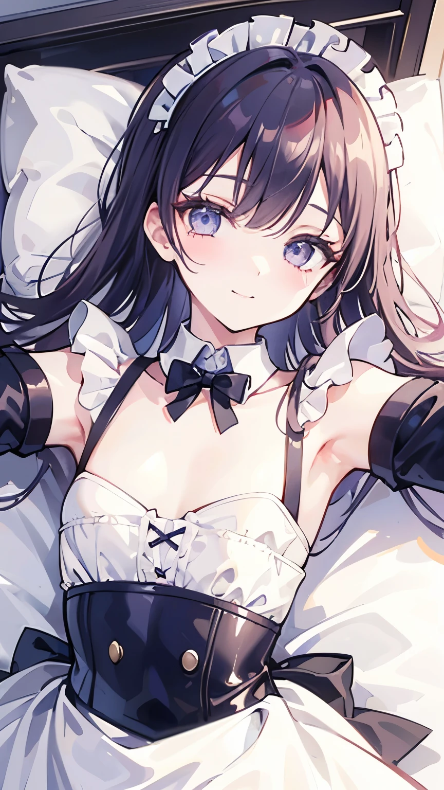 ((best quality)), ((masterpiece)), (detailed), perfect face, A maid girl with long purple hair. Her cheeks are red and she looks at me shyly. emphasized chest. Her thick hair flows as she waits on customers. A maid costume with frills. She serves at the royal court. high resolution, flat chest, Textured skin. anime style, Lying on the bed, facing up, shy, blushing, moist eyes, smiling, overhead view