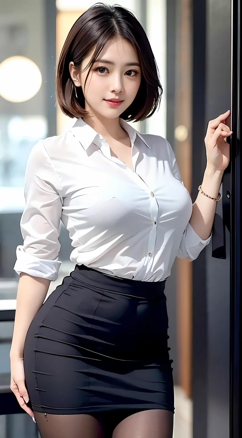 ulzzang-6500-v1.1, (RAW Photos:1.2), (Realistic), Beautiful detailed girl, (Genuine: 1.4), (masterpiece), (Mastepiece), Cinema Lighting, Shadow, digital official art, Ultra high definition body, Ultra detailed hair, Highly detailed face, 1 girl, alone,whole body,short hair, Black Hair, Iris, Red lips,Perfect Face, Perfect Eyes, Big droopy eyes are cute、 ((Narrow waist)),((very muscular and thick Thighs)),(Thighsの隙間),Navy Blue Blazer, (White shirt), Very short pencil skirt, Ultra-realistic pantyhose, Black high heels, Thighs, indoor, classroom, blackboard, blackboardの前で,((Are standing)),window, Day, (whole bodyショット:1.16)