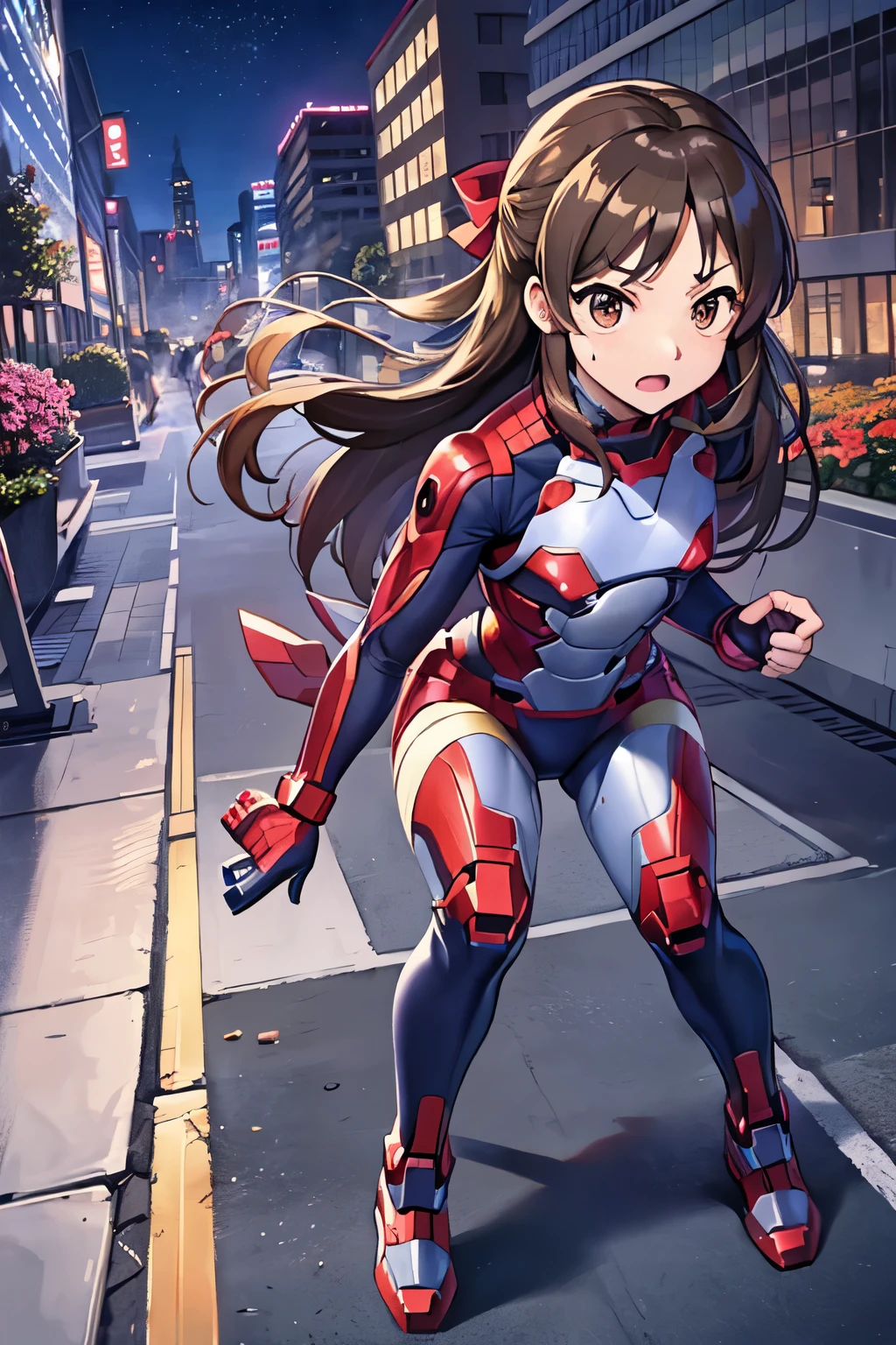 (((Tachibana　Alice、iM@S)))Primary school students、child、Long Hair、((Small breasts、Small breasts、child体型、Angry、injured body、Blue ribbon))、((Silver Iron Man suit、Crotch crack))、City of night、Rooftop、Boxing stance、8 year old 、Realistic body、battlefield、Fight the enemy、A body covered in scars、Struggled、Sweating profusely