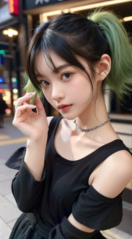highest quality、masterpiece、Ultra-high resolution、highest qualityの写真,、Clear images、Very cute Japan woman、18-year-old、Always wear your glasses、Beautiful green hair, Twin tails, Small breasts、Very small breasts, Beautiful Skin、Detailed beautiful 目、Beautiful Skin、Punkish girl, Rose Tattoo, The background is the busy Shibuya area at night.