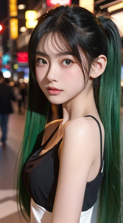 highest quality、masterpiece、Ultra-high resolution、highest qualityの写真,、Clear images、Very cute Japan woman、18-year-old、Always wear your glasses、Beautiful green hair, Twin tails, Small breasts、Very small breasts, Beautiful Skin、Detailed beautiful 目、Beautiful Skin、Punkish girl, Rose Tattoo, The background is the busy Shibuya area at night.