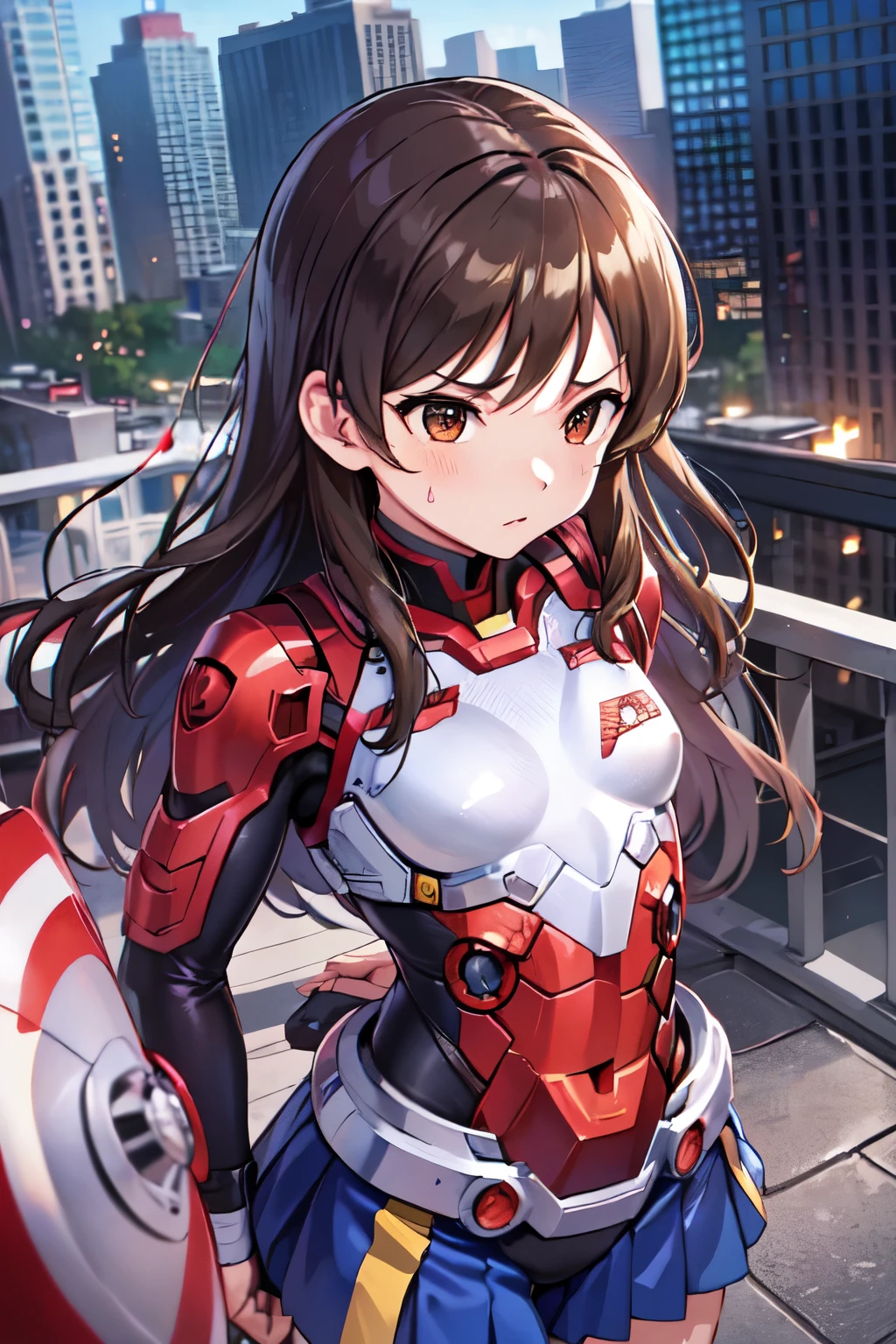 (((Tachibana　Alice、iM@S)))Primary school students、child、Long Hair、((Small breasts、Small breasts、child体型、Angry、injured body、Blue ribbon))、((Silver Iron Man suit、Crotch crack))、City of night、Rooftop、Boxing stance、8 year old 、Realistic body、battlefield、Fight the enemy、A body covered in scars、Struggled、Sweating profusely