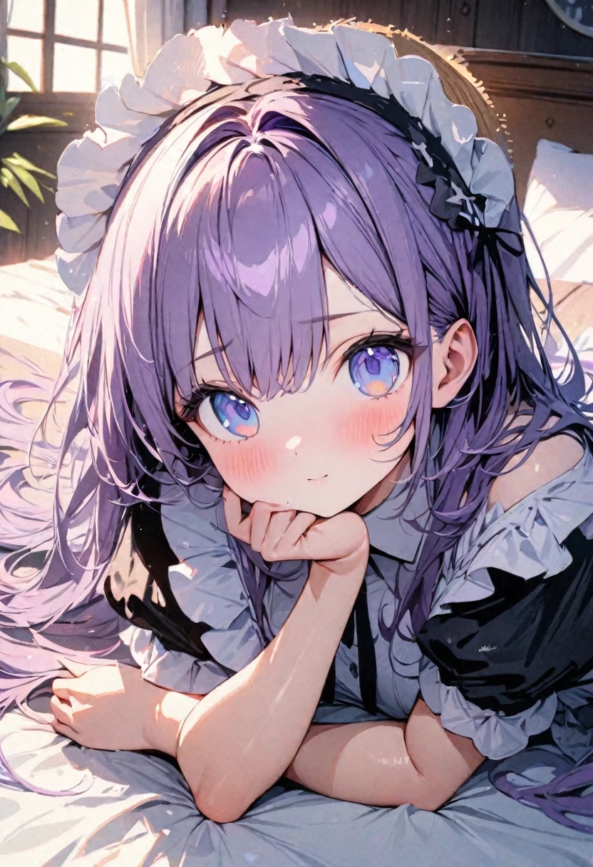 masterpiece, best quality, ultra-detailed, kawaii, cute, lovely, sexy, ero, extremely detailed, 4K, 8K, best quality, beautiful, watercolor, on the bed, a cute girl, solo, maid, beautiful purple hair, beautiful light blue eyes, beautiful eyes, straw hat, aurora