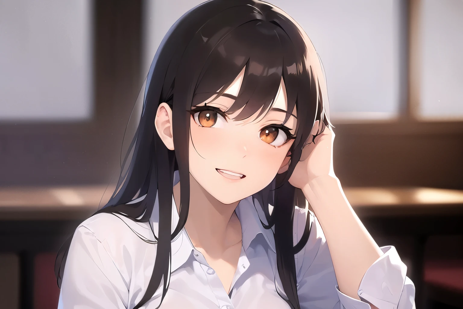 cinematic angle,  Placing hand on face, Biologically correct five fingers、Upper Body, Realistic, real person, (pale skin: 1.2), RAW photo, photorealistic, portrait photography, shiny skin, shiny hair、(A 25-year-old woman with medium-length hair and bangs) and (wavy hair) and (brown hair) and (orange eyes) , (business suit) and (White shirt） 、grin, open mouth, The background is the interior of a restaurant at night.、Alone、Sitting