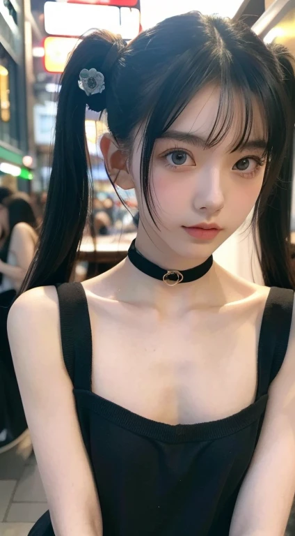 highest quality、masterpiece、Ultra-high resolution、highest qualityの写真,、Clear images、Very cute Japan woman、18-year-old、Always wear your glasses、Beautiful green hair, Twin tails, Small breasts、Very small breasts, Beautiful Skin、Detailed beautiful 目、Beautiful Skin、Punkish girl, Rose Tattoo, The background is the busy Shibuya area at night.