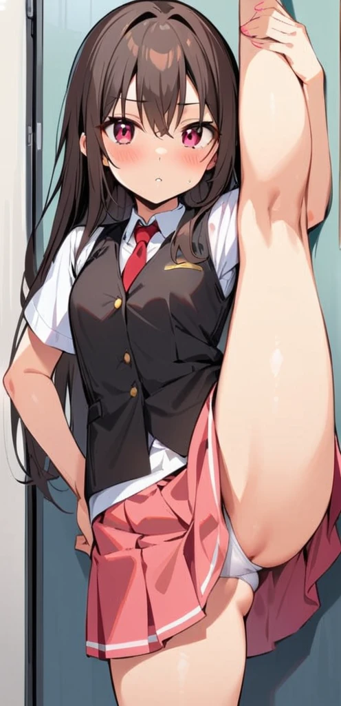 (masterpiece, best quality:1.2), 1girl, solo,standing_split,
Yuuki Mikan, long hair,black sleeveless short vest,pink skirt,black