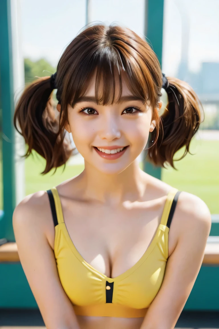 (photo from the waist up, the abdmen is visible), Arms at sides, (Masterpiece, Best quality, Beautiful quality), (Extremely detailed skin,Extremely detailed eyes, Extremely detailed hair,Blunt bangs,Brown hair,twin tails,view the viewer, Best quality,Beautiful and aesthetic,,yellow strappless sports bra,,,,School gymnasium,full bodyesbian,Depth of field, happy smile, (do not emphasize the top of the bust), the body is directed in the direction of the viewer,