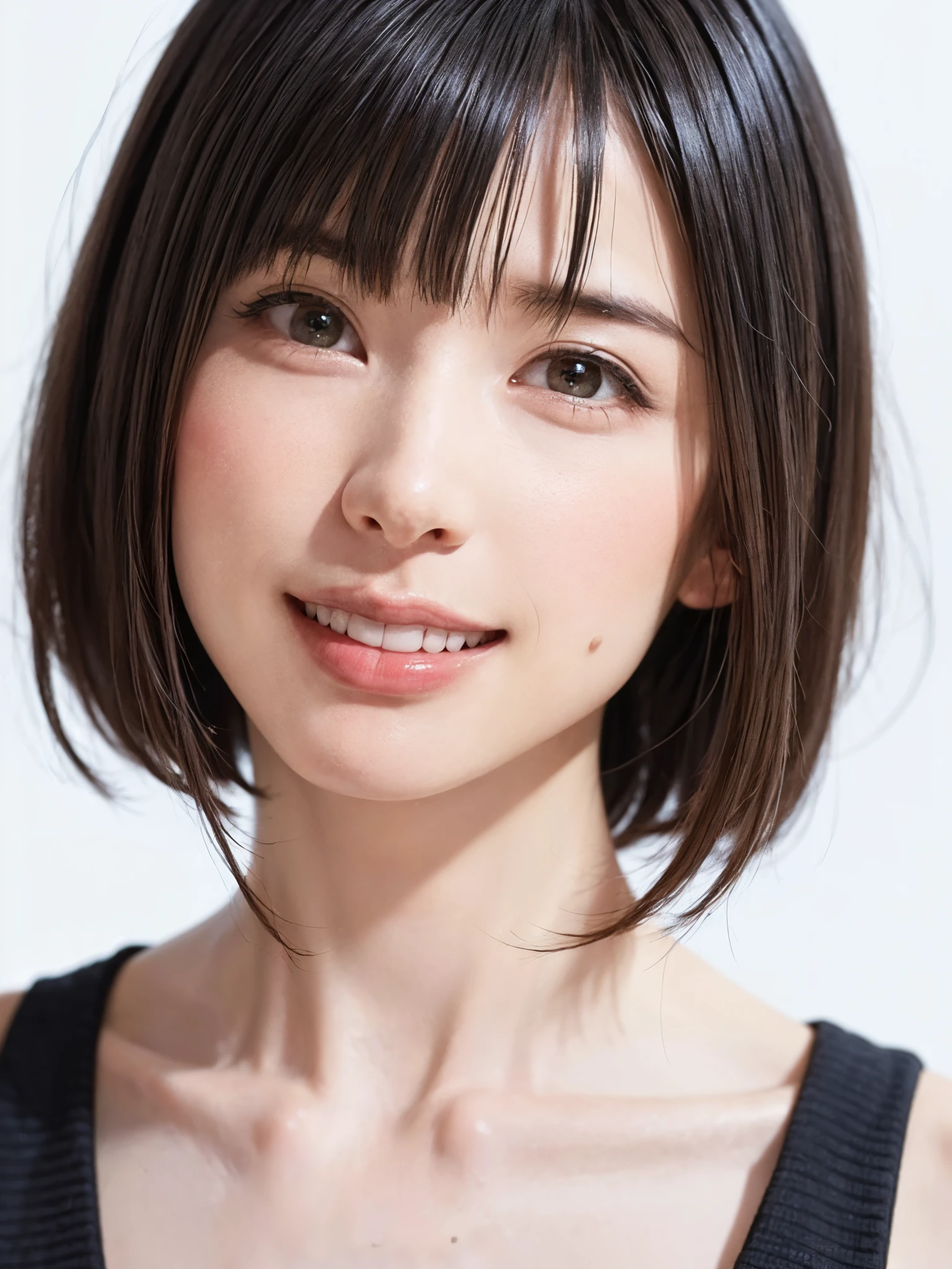 1 girl, alone, Beautiful Skin, very detaileded, ultra detaileded, Ultra-high resolution, (Photorealism:1.4), (highest quality), (Best Shadow), detailed, Perfect lighting, Black Hair, ((Showpiece, highest quality, High precision)), One Girl, (Realistic: 1.4), (look up at the camera even a little, カメラをlook up, look up, look up at the camera, Looking into the camera))), alone, White Background, snow-White Background, shut up., smile, pretty Black Hair, short hair:1.6, Big eyes, Beautiful double eyelids, eyelash, listen, Long neck, 美しいLong neck, Absolute area, ((Face close-up, short hair with bangs、Short Bob Hair:1.5、Off the shoulder)), 19 years old, Attractive proportions, Shiny skin, Beautiful clavicle, Golden ratio face, Perfect Face, Teardrop-shaped mole, Mole on , bangs, clean bangs, beautiful bangs, Lip gloss, Thin lips, White skin, I took off my clothes, Small face, Small face, 少し上を向いてLooking into the camera, ((smile a little for the camera, really nothing pure White Background, Listen carefully, big 胸、Dynamic Angle:1.5))