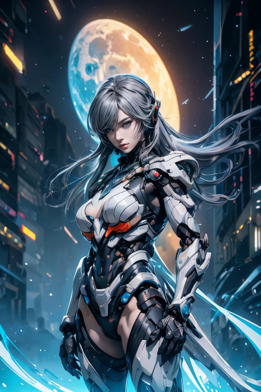 CG Mecha, Beautiful Eyes, Two people、Upper Body, （Mechanic）, Portraiture,jet suit、Complex３ｄheadset、perfection、Neon Light, 8k, born, highest quality, Tabletop, 超A high resolution, colorful, (medium wide shot), (Dynamic Perspective), Sharp focus , (Depth of written boundary, Bokeh:1.3),rossdraws cartoon vibrant、Contemporary art, Highly detailed eyes and face,Ninja Artist, Beautiful fine details、iron, Trim Gear:1.2), ((Tabletop, highest quality)), Detailed Background, Inside the spaceship、action、Grab your weapon、（Gray Hair）、blue eyes、born物発光、Crescent Moon、Fantasy,masterpiece,Plug in、spectrum、confusion、kaleidoscope