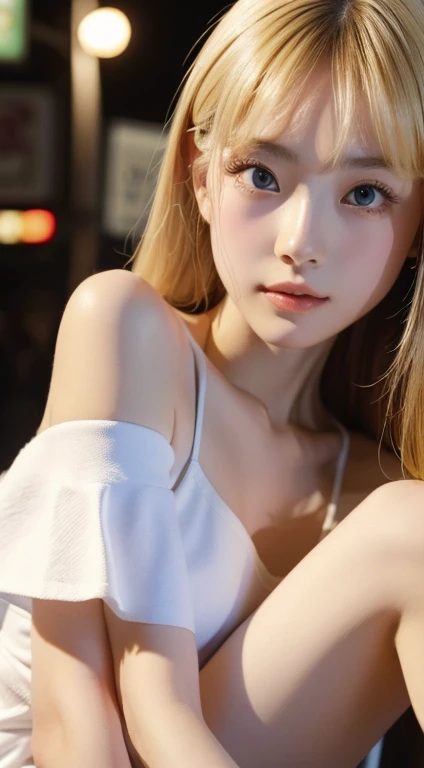 highest quality、masterpiece、Ultra-high resolution、highest qualityの写真,、Clear images、Very cute Japan woman、18-year-old、Always wear your glasses、Hime cut, Beautiful blonde, Very large breasts、Beautiful Skin、Detailed beautiful 目、Beautiful Skin、Punkish girl, Rose Tattoo, The background is the busy Shibuya area at night.