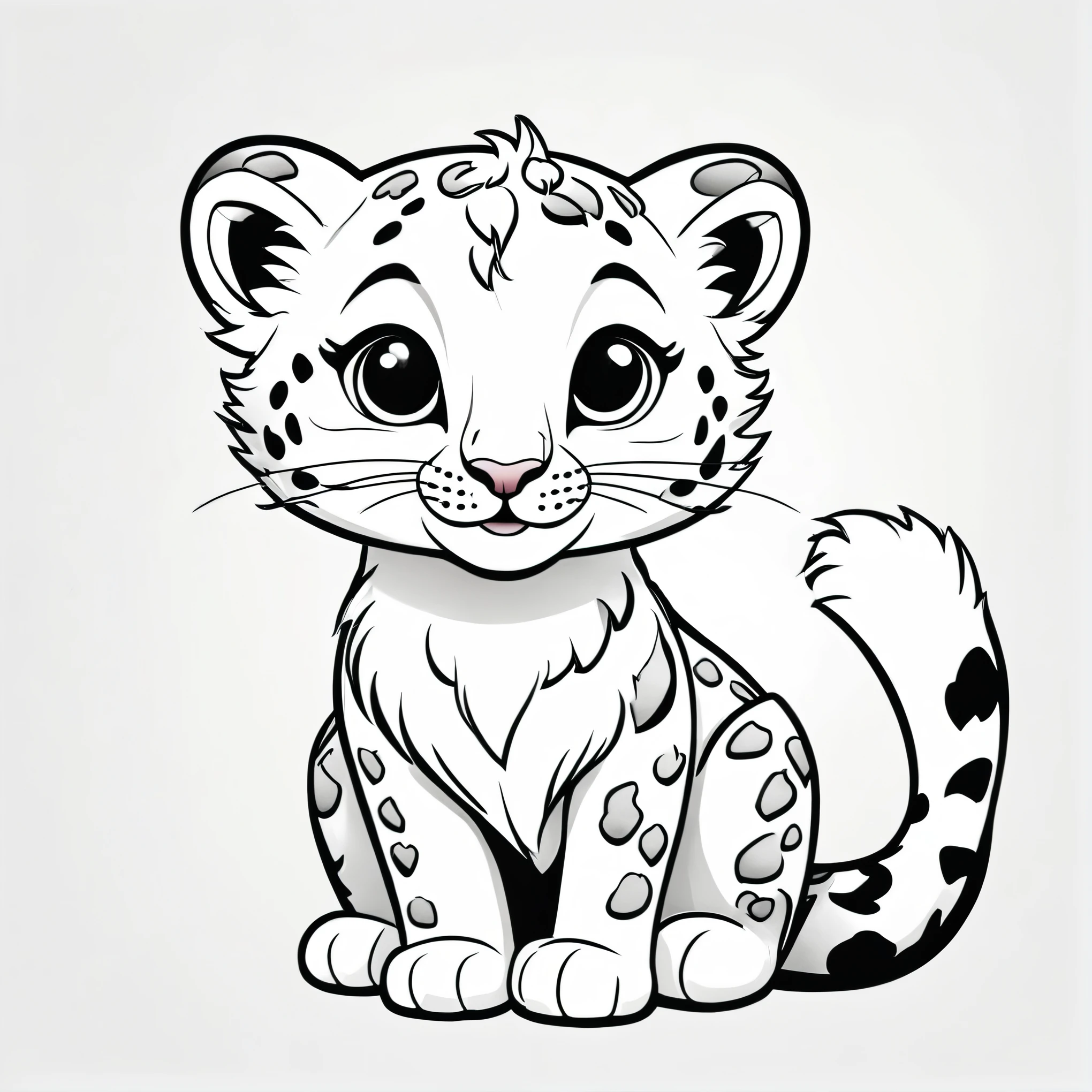 Lindo y adorable snow leopard., Coloring page for kids, feliz, sonriente, vector art, minimalista, vector 2d, black lines Fondo blanco, Dibujo para colorear para principiantes, vector illustration, ink strokes, no color, Dibujo para colorear, Fondo blanco, estilo pixar, en blanco y negro