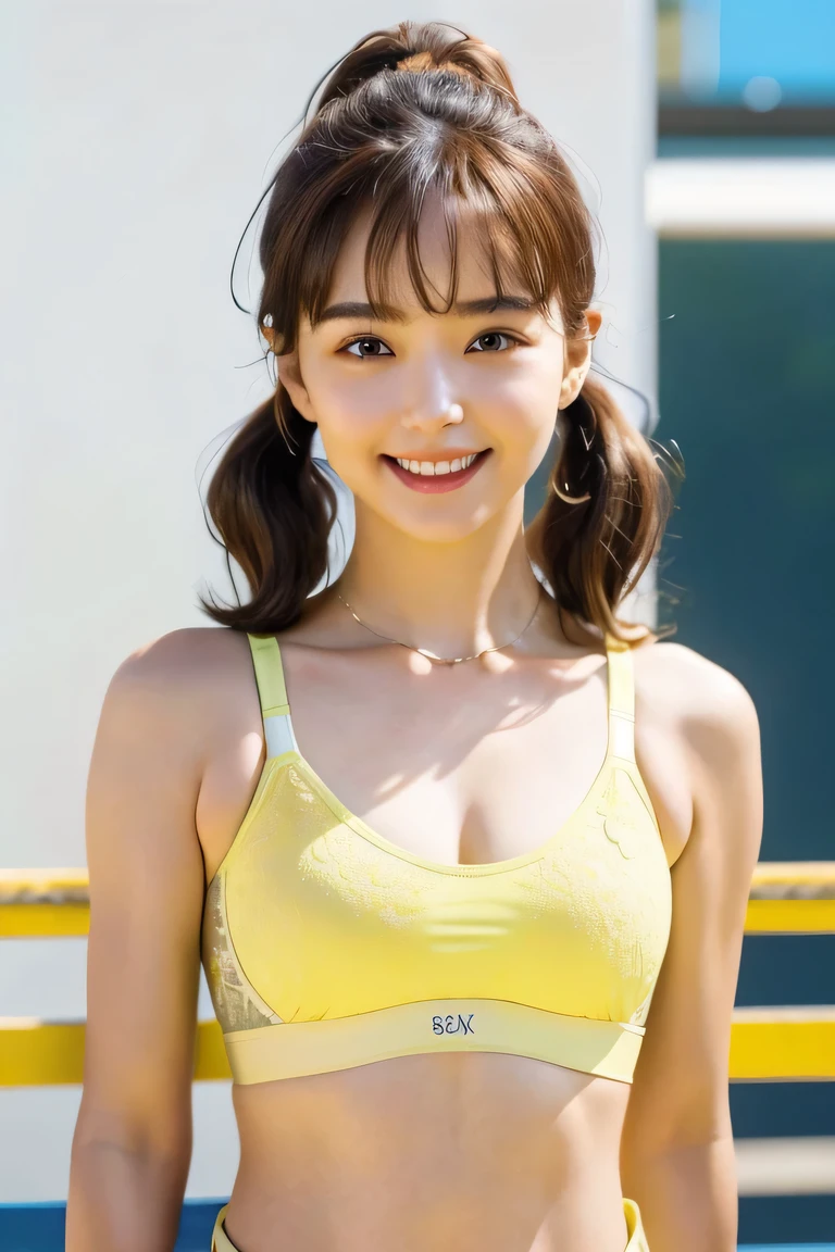 (photo from the waist up, the abdmen is visible), Arms at sides, (Masterpiece, Best quality, Beautiful quality), (Extremely detailed skin,Extremely detailed eyes, Extremely detailed hair,Blunt bangs,Brown hair,twin tails,view the viewer, Best quality,Beautiful and aesthetic,,yellow (strappless sports bra:1.2),,,,School gymnasium,full bodyesbian,Depth of field, happy smile, (do not emphasize the top of the bust), the body is directed in the direction of the viewer,