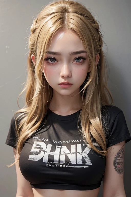 ((highest quality)), ((masterpiece)), (detailed), Perfect Face, (1girl),large breasts, breasts, tan, dewy skin, sweaty skin, wavy blonde hair, punk tshirt, punk girl