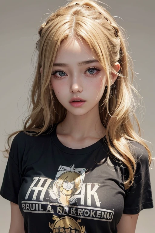 ((highest quality)), ((masterpiece)), (detailed), Perfect Face, (1girl),large breasts, breasts, tan, dewy skin, sweaty skin, wavy blonde hair, punk tshirt, punk girl