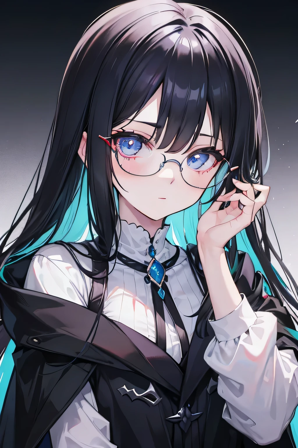 with dark hair and glasses，Powder-blue pupils，Clothes in black and white color，Vermilion threads interweave background，She is a very cunning royal sister goddess