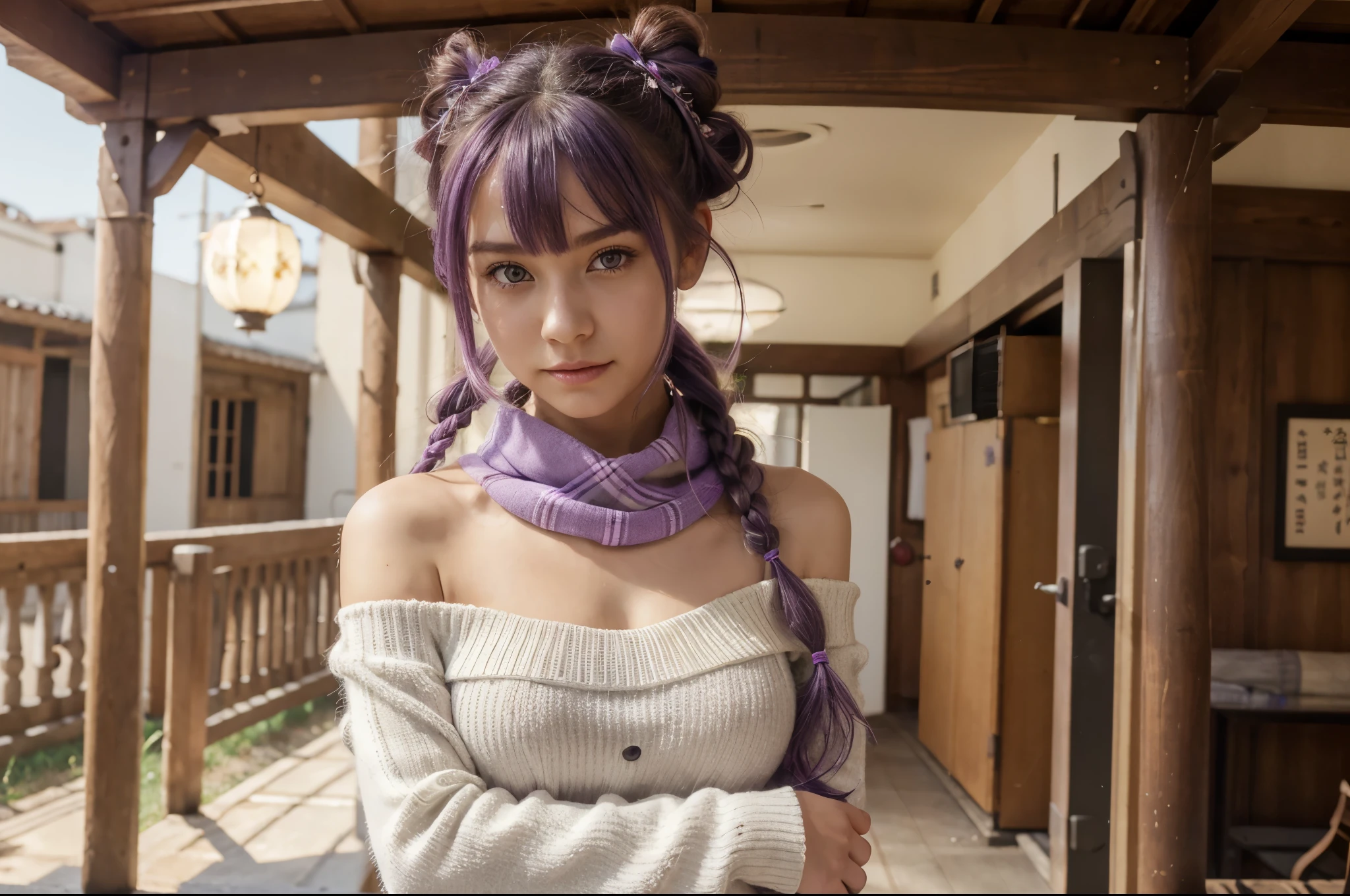 (Realistic painting style:0.9), masterpiece, best quality, absurdres, looking at viewer, solo, keqing (lantern rite) (genshin impact), keqing (genshin impact), hair bun, skirt, scarf, purple sweater, white skirt, purple hair, sweater, twintails, purple eyes, diamond-shaped pupils, hair ornament, bare shoulders, smile, breasts, cone hair bun, long hair, belt, double bun, long sleeves, bangs, bow, hair flower, hair bow,ribbon, hair ribbon, braid, plaid scarf, plaid, off shoulder