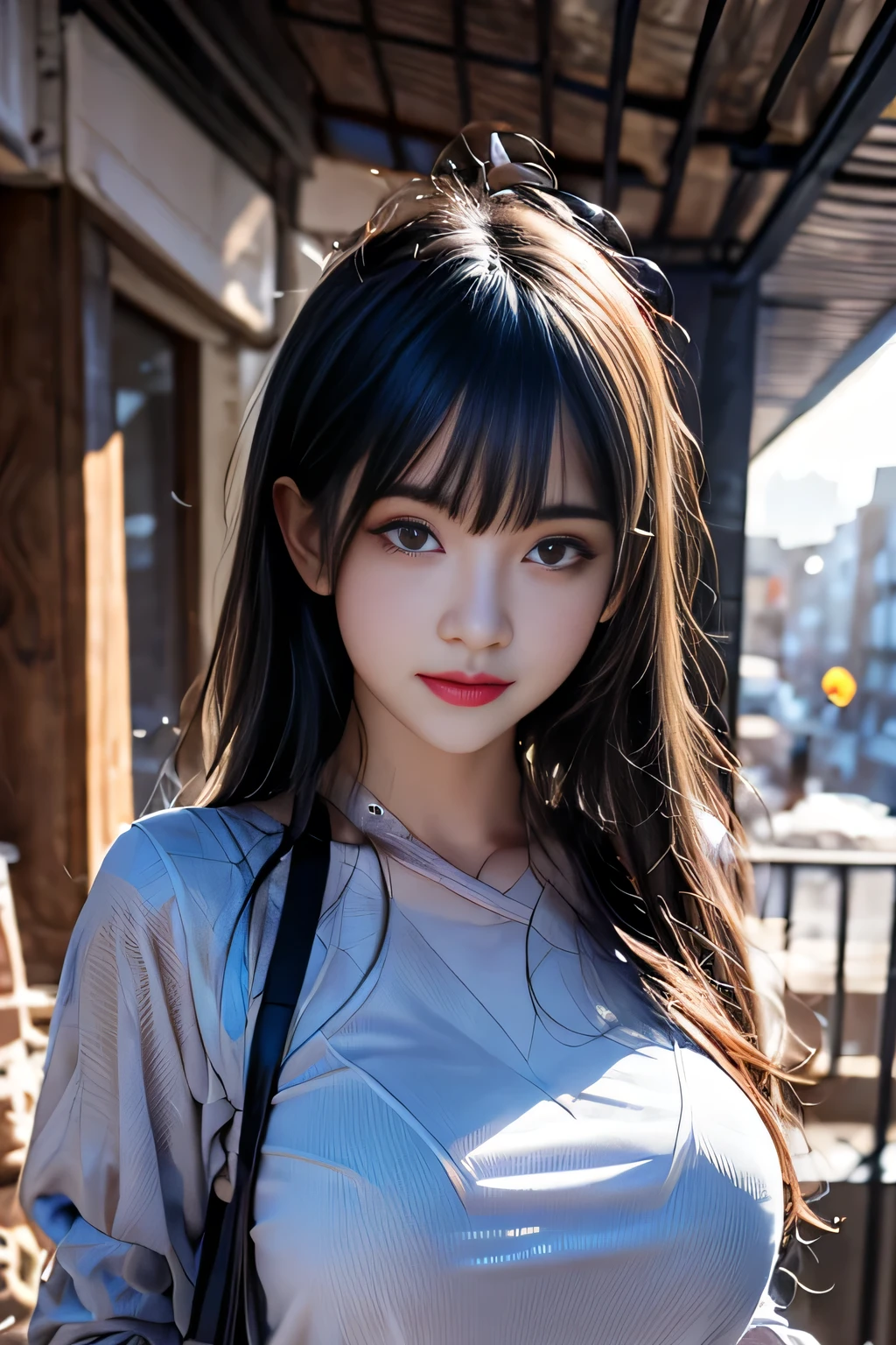 (1 Girl:1.3), solo, (((Very Very Detailed face))),((Very detailed eyes and face))),Beautiful and delicate eyes,body parts__,official art,unified 8k wallpaper,Super detailed,Pretty and beautiful,Big breasts beauty,masterpiece,Best quality,original,masterpiece,Ultra-fine photos,Best quality,Ultra-high resolution,Realism,Sunlight,Full body portrait,Stunning beauty,,dynamic poses,Delicate face,Vibrant eyes,(From the front), navy,Red and black color scheme,navy,Very detailed city roof background, roof,Overlooking the city,Detailed face,Detailed complex busy background,untidy,Gorgeous,Milky white W,Highly refined skin,Realistic skin details,Visible pores,Be focused,Volumetric Fog,8K Ultra HD,Digital SLR Camera,high quality,Film Grain,White skin,Photorealism,Rama Photography,The huge metropolis of the future dystopia, translucent
