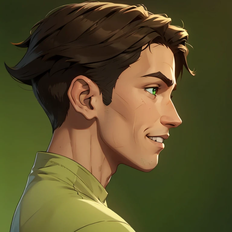jon, a young guy in his 30s with asymmetric very short brown hair, green eyes, a flat nose, smooth skin, slim athletic body, ((head profile portrait)), grinning