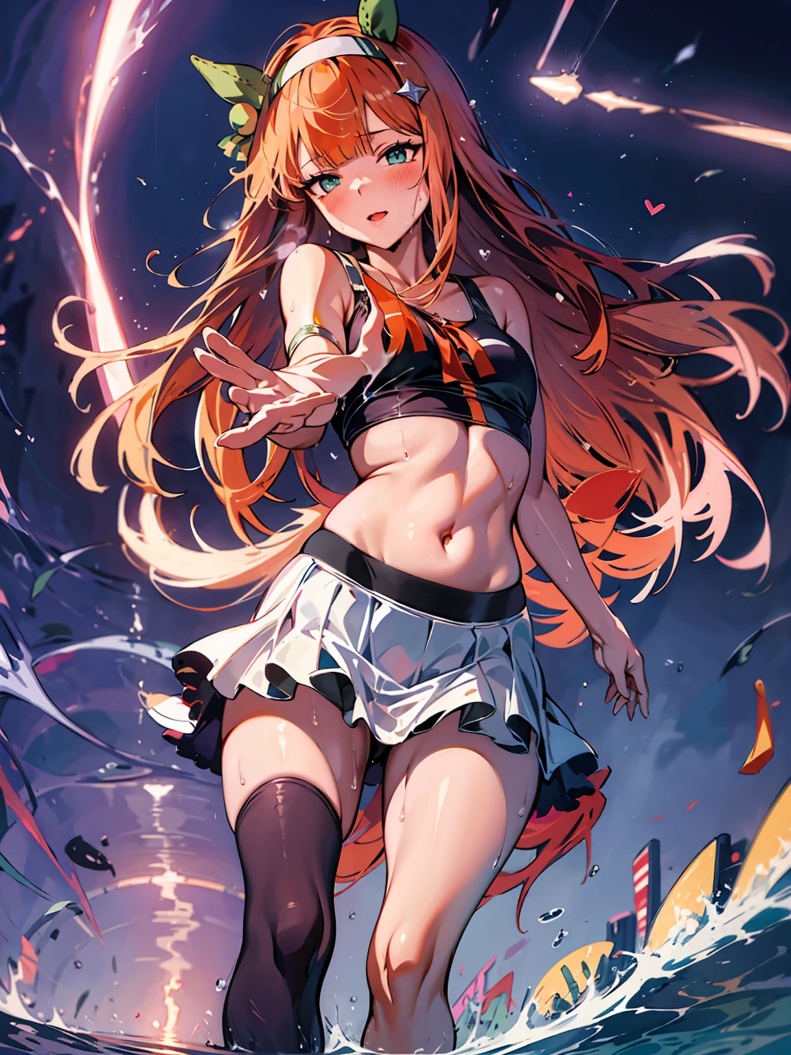 Best image quality、High resolution、masterpiece、super high quality、arena、Run、颯爽とRun、Green bra、Green panties、shout、Sweaty、Showing panties、very short pleated skirt、Heavy breathing、Blushing、4K quality、Spread your legs、Black knee socks dig into the thighy panties are wet with love juice、Sexy face、focus on panties、Shooting from below the crotch、、Voluptuous thighs、Whipped ass、heart