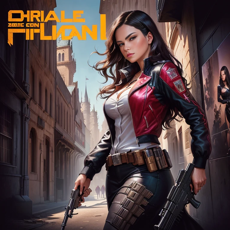 Close-up of a woman holding a gun near a photo of a woman, Detailed cover artwork, Official artwork, Album art, By Christian Zaltmann, CD jacket cover, New soundtrack cover, Art Cover, castle, stylized urban fantasy art, Promotional Art, Album art cover, Album cover, Highly detailed cover art, cast