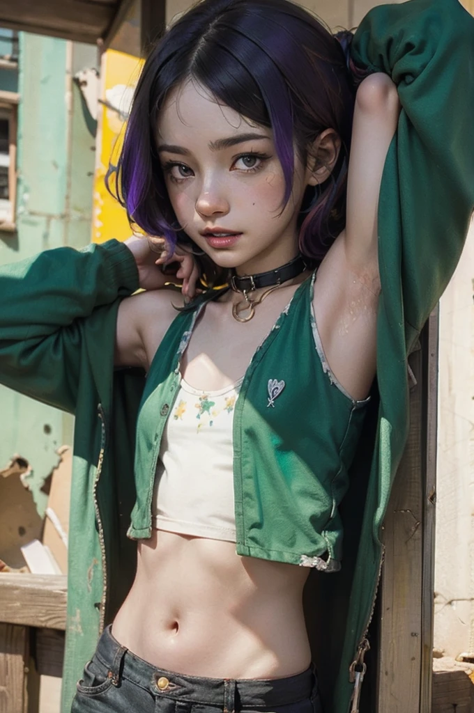 Painting of water, mud and thunderclouds, top quality, High resolution,(A frame made of chains and ruins),pretty girl、Small eyes、（Flat Chest）, ((Odd colored hair,green,purple,yellow)), beautiful、、Tattered white denim pants、Tattered colorful tank top、Circus、Collar with a large chain、Clown、Bold Pose

