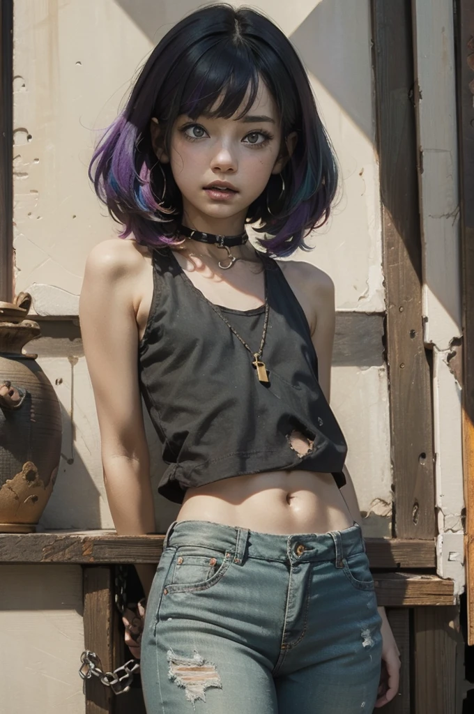 Painting of water, mud and thunderclouds, top quality, High resolution,(A frame made of chains and ruins),pretty girl、Small eyes、(Flat Chest), ((Odd colored hair,green,purple,yellow)), beautiful、、Tattered white denim pants、Tattered colorful tank top、Circus、Collar with a large chain、Clown、Bold Pose