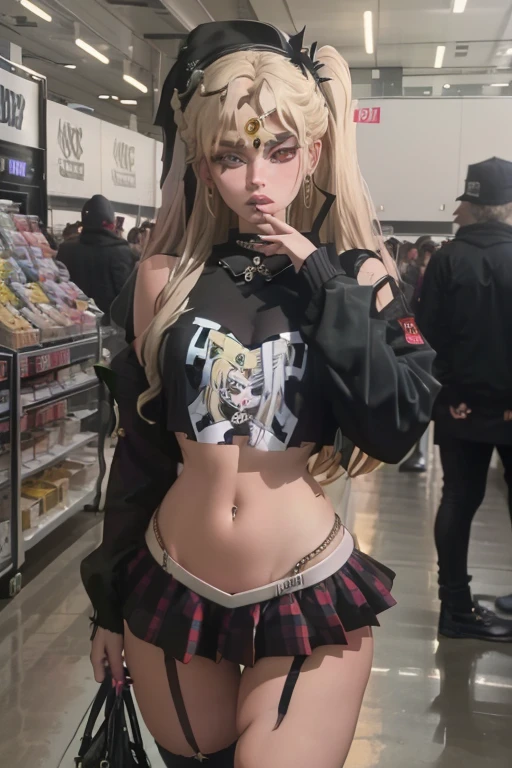 2024s photo shows a woman dressed like a modern goth rapper wearing Supreme black clothes, with a blonde woman dressed like Sailor Moon posing In funny while at the Comic Con, 2 girls