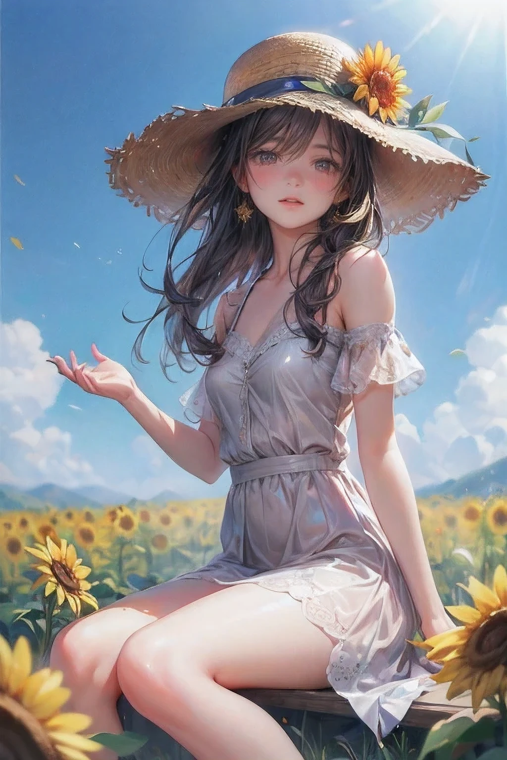 masterpiece:1.2, 8k, photorealistic:1.37, cute girl,  sparkling eyes, shining lips, beautiful detailed eyes, beautiful detailed lips, long eyelashes, flowing hair, joyful expression, vibrant dress, sitting on a grassy field, surrounded by colorful sunflowers:1.2, wearing a stylish hat, a warm and sunny day, soft natural lighting, vivid colors, medium: oil painting, ultra-detailed, realistic, bokeh, dynamic action,