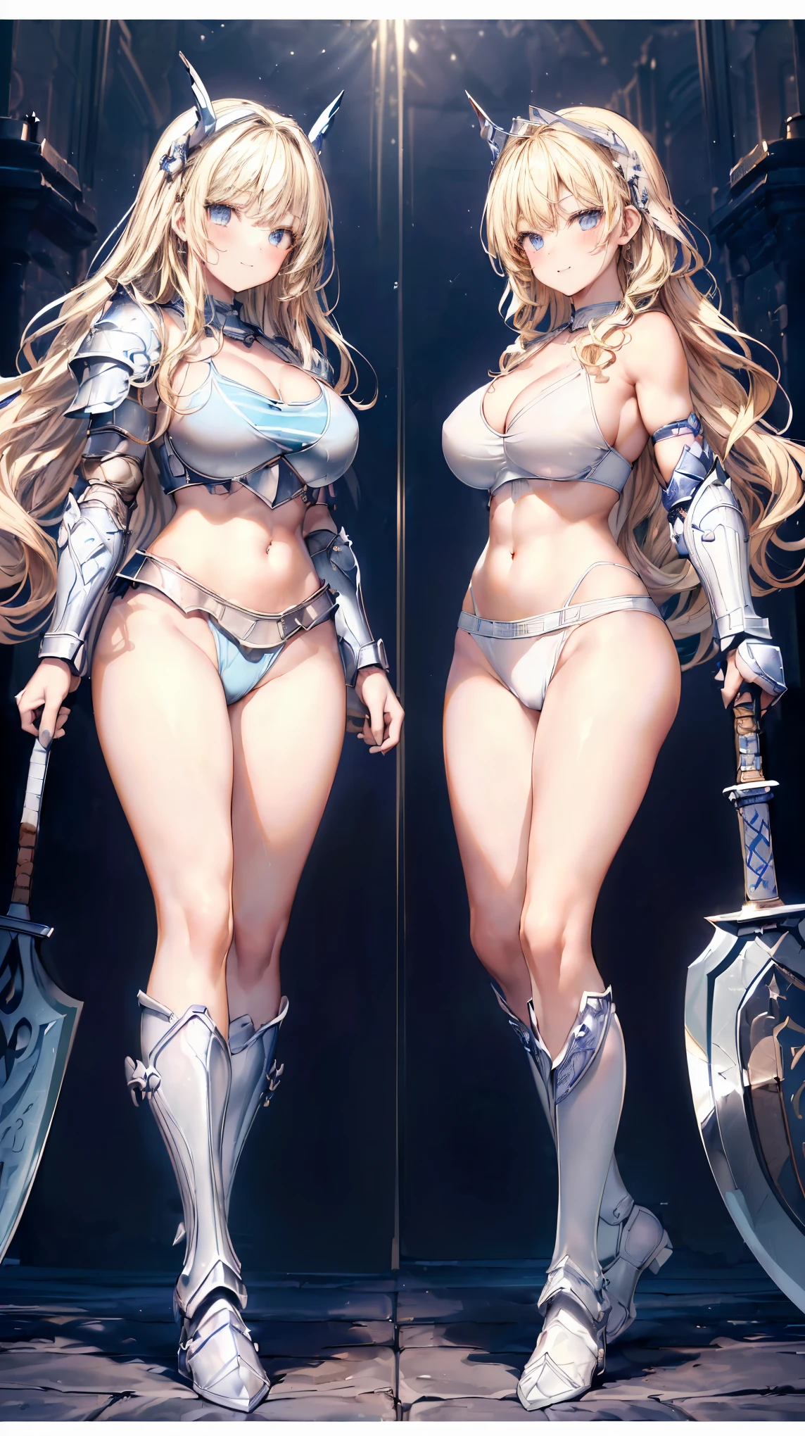 Very detailed、highest quality、(Best image quality:1.5)、(masterpiece:1.5)、8k、(Two women standing side by side:1.5)、Anime Face、A kind smile、Open Mouth、Sparkling blue eyes、(Blonde wavy hair:1.5)、(Muscles of the whole body:1.3)、camisole、Thigh belt、(Wearing white bikini armor:1.5)、(Cowboy Shot:1.5)、(Leg armor:1.5)、Wearing a helmet、(Holding a battle axe:1.5)