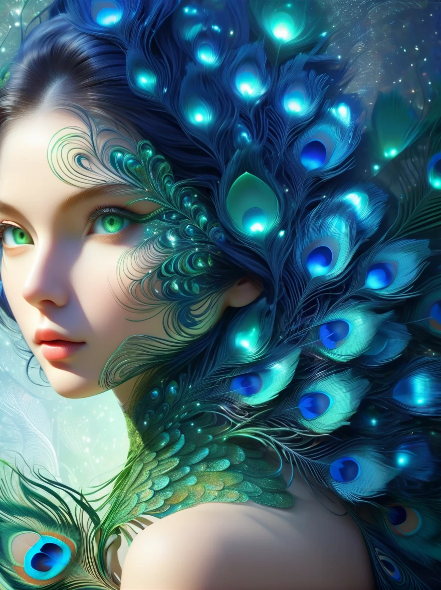 high resolution, Ultra Detailed, (1 blue peacock girl:1.6), (lotus),Dynamic light wavesBREAKSunlight, reverberation, Experimental photography, Surreal contrasts, Eye-Catching Visuals, Artistic abstraction,Breaking the art of cutting, Layered Outlines, complex pattern, exquisite craft, shadow play, Depth and size, creative expression, break art, Frozen sculpture, translucent形式, short-lived beauty, Crystal structure, exquisite craft, touching, Breaking Green Eyes,Body Glow,glowing lines,Fluorescence,Glow Example,Sample trace,flash,萤Light Particles,Backlight,translucent,Light Particles