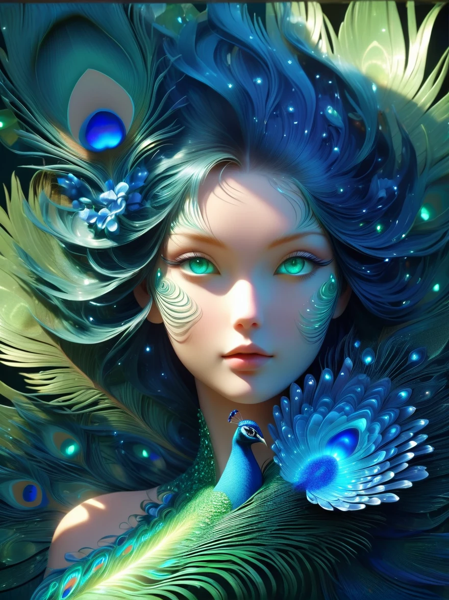 high resolution, Ultra Detailed, (1 blue peacock girl:1.6), (lotus)，Dynamic light wavesBREAKSunlight, reverberation, Experimental photography, Surreal contrasts, Eye-Catching Visuals, Artistic abstraction,Breaking the art of cutting, Layered Outlines, complex pattern, exquisite craft, shadow play, Depth and size, creative expression, break art, Frozen sculpture, translucent形式, short-lived beauty, Crystal structure, exquisite craft, touching, Breaking Green Eyes,Body Glow，glowing lines，Fluorescence,Glow Example，Sample trace，flash，萤Light Particles，Backlight，translucent，Light Particles