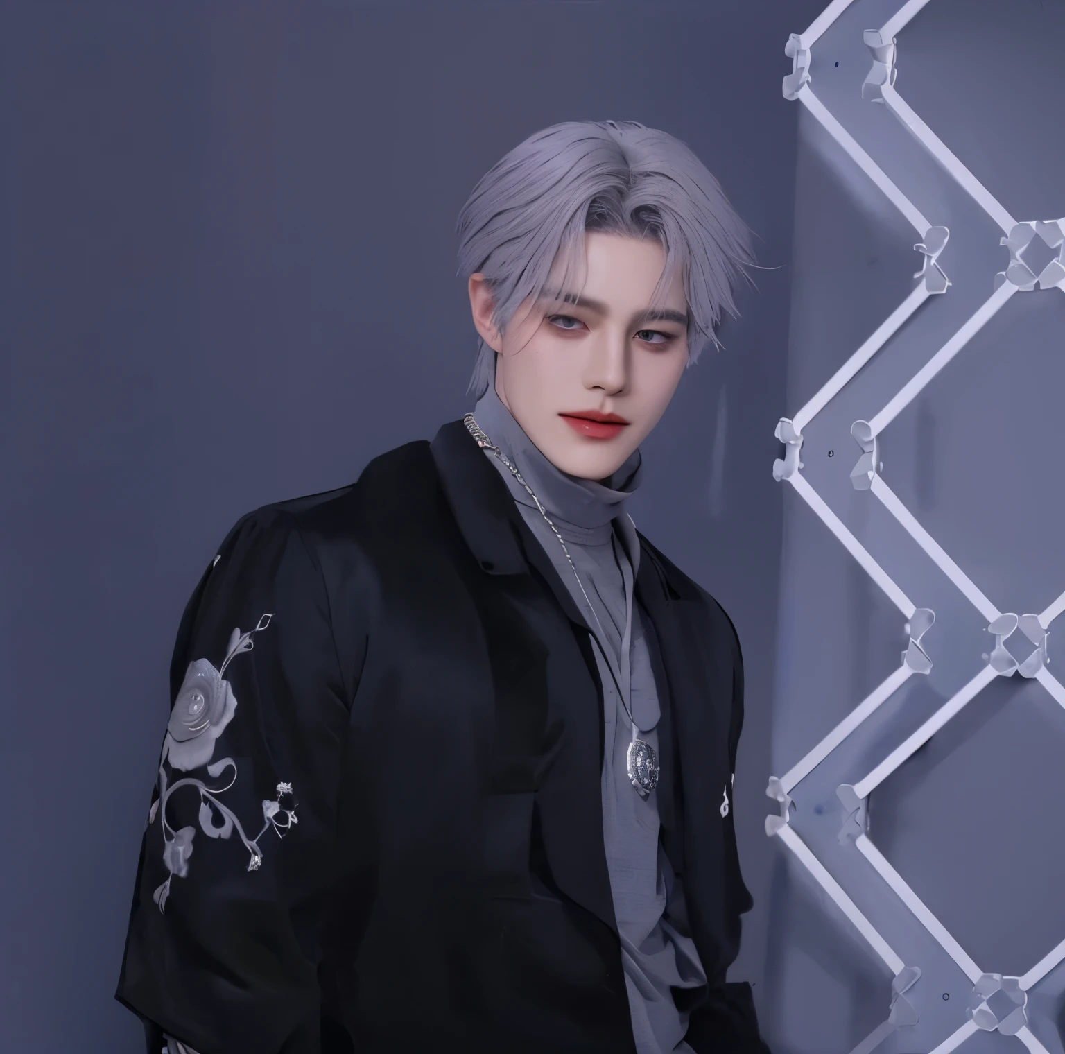 masterpiece, best perfection quality, ultra_detailed, (higher describe accuracy), 1 korean male, (wide shoulder), (muscular), male focus, solo, attractively hot handsome, super detailed white hair, (((gray galaxy eyes color))), super detailed white skinned, upper body, looking at viewer, gray t-shirt, black jacket, super detailed perfection clothes, monocle, jewelry, expressionless face, enigmatic stare, (necklace), (((gray photo studio background))), photography of a cool man, super detailed accuracy, perfect body, smile, realistic potrait, award winning photography, 8k.