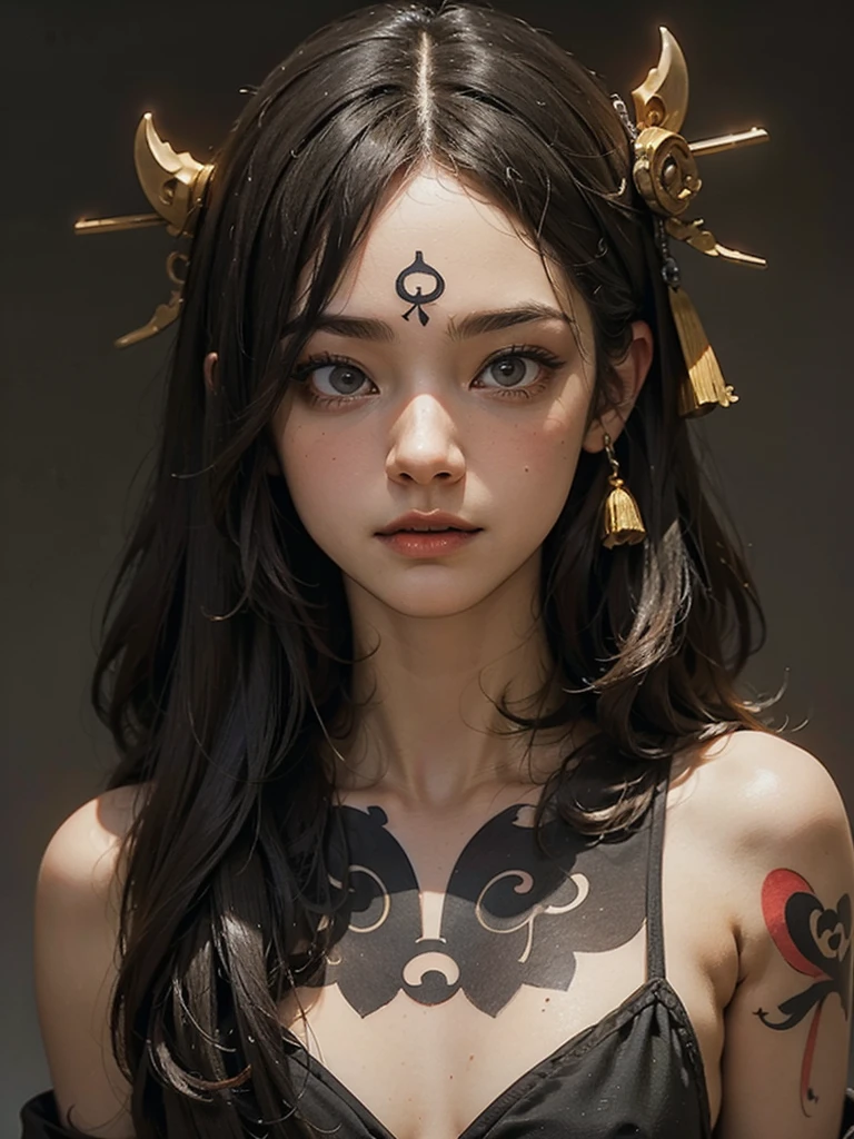 Professional drawing with colored pencils. A heavily tattooed geisha, With a strange expression and a large knife in his hand. Japan and European style. Moderate nuance color, Contrasting colors. Some doodle style and vector art. ((Best Quality))